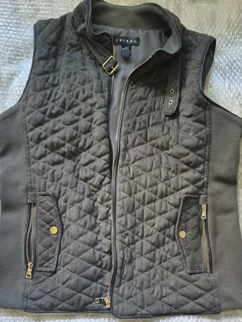 Tribal Olive Green Quilted Vest with Gold Zipper Details - Size S
